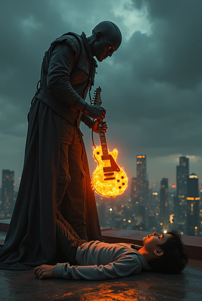 "A defeated teenage boy lies on a rooftop, his fiery guitar being pulled away by an older man wielding advanced technology. The sky is dark, signaling the villain’s victory."