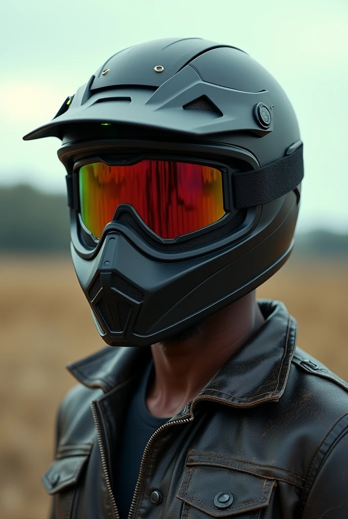 A selfie of a dark-skinned man wearing a black motocross helmet with dark green details, iridescent polarized motocross goggles. The helmet, The glasses completely cover his face and nose... The scene takes place outdoors, in natural daylight, with an open landscape in the background showing distant trees and hills, leather jacket