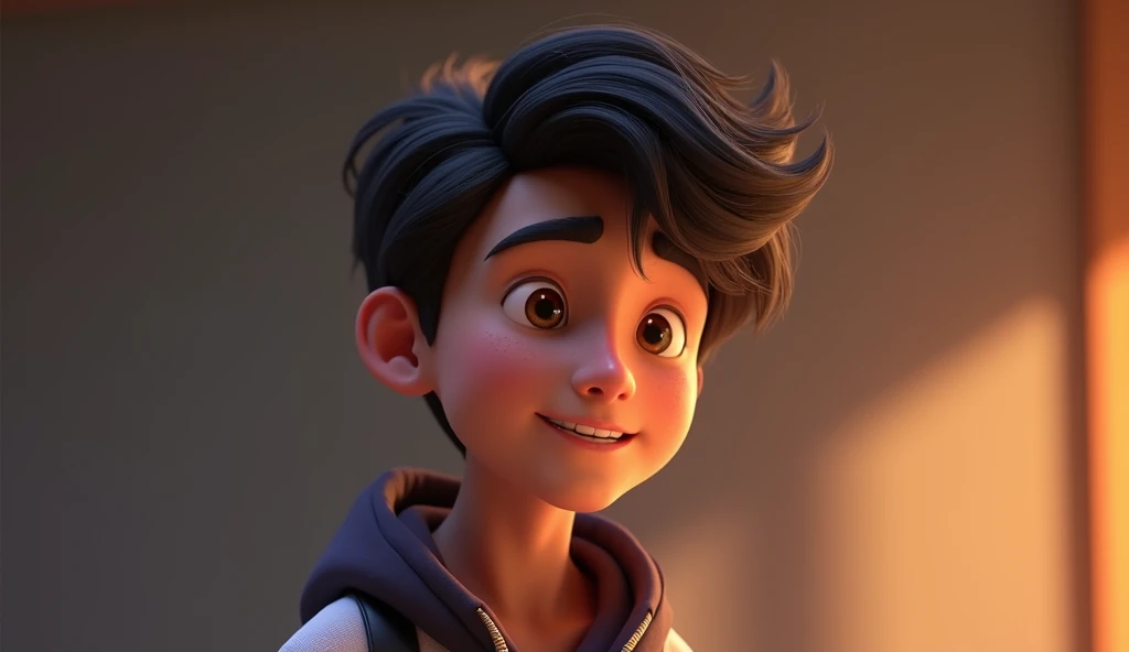 Need 3d animation style,In the story's conclusion, Ramu looking forward with a satisfied smile, reflecting on his achievements and ready to face the future