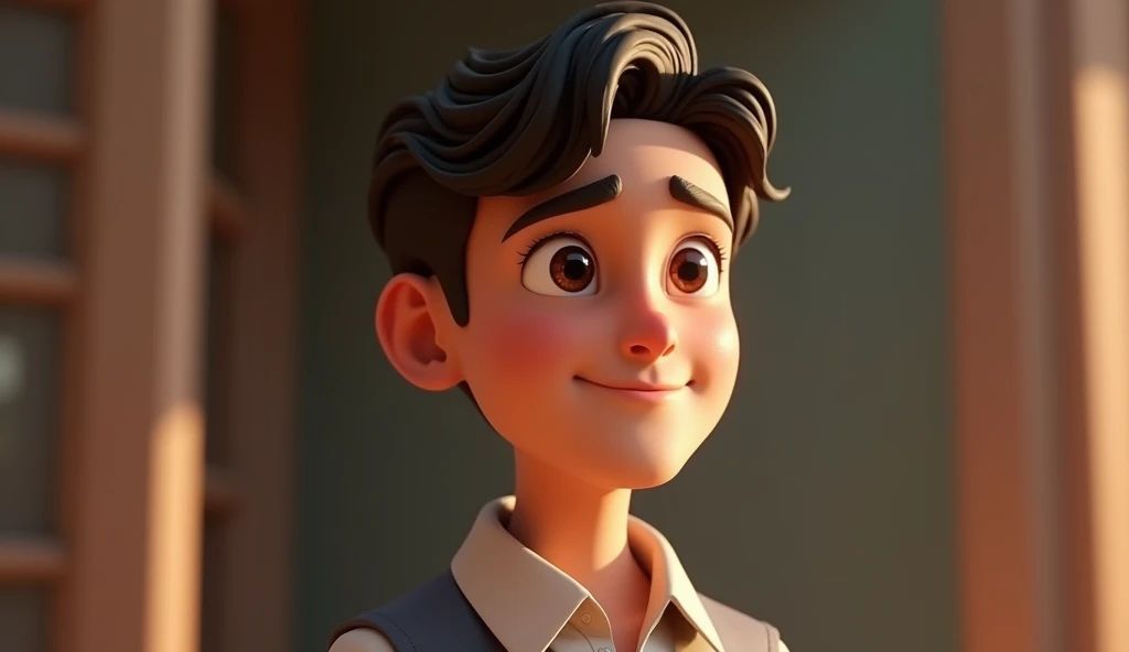 Need 3d animation style,In the story's conclusion, Ramu looking forward with a satisfied smile, reflecting on his achievements and ready to face the future