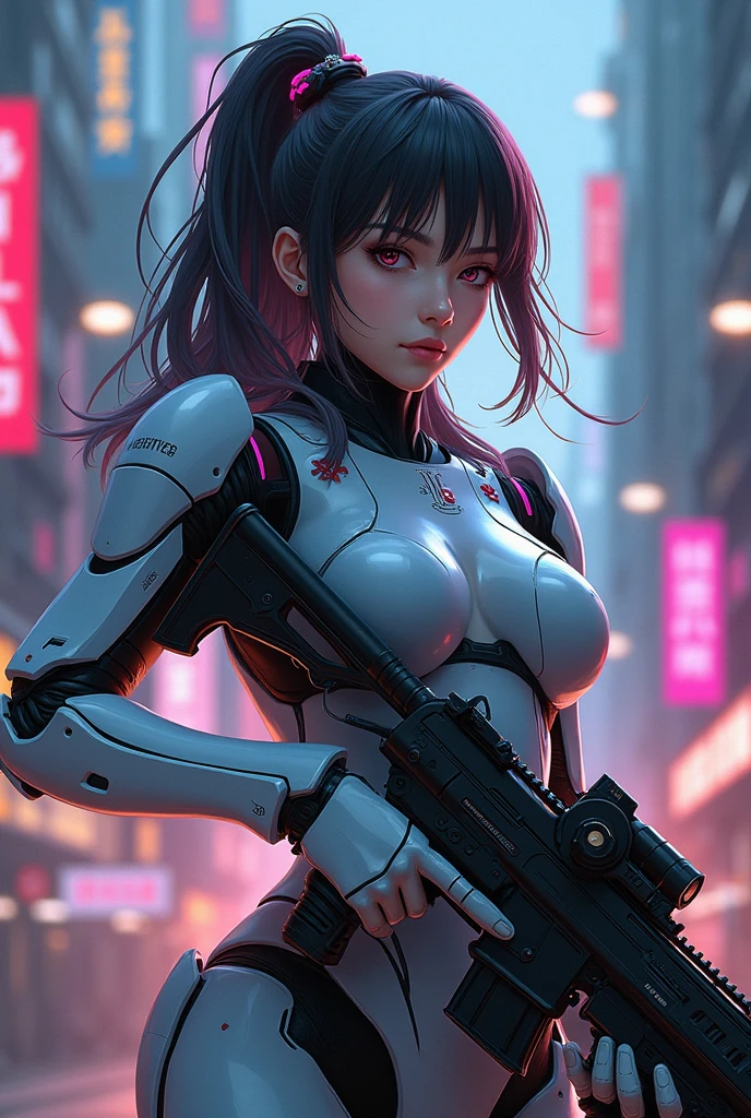 a drawing of a lady in a futuristic suit holding a gun, cyberpunk anime girl mech, anime robotic mixed with organic, cyborg merchant girl, anime manga robot!! anime girl, anime style, from girls frontline, fine details. girls frontline, girls frontline universe, girls frontline style, girls frontline, girls frontline cg, soft anime illustration, 2 0 2 2 anime style, 2022 anime style, pixiv contest winner, anime mecha aesthetic, female mecha, digital cyberpunk anime art, cyborg - girl, cyborg girl, robot girl
