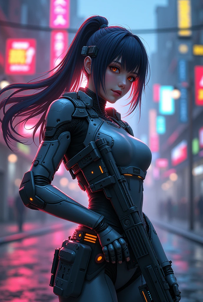 a drawing of a lady in a futuristic suit holding a gun, cyberpunk anime girl mech, anime robotic mixed with organic, cyborg merchant girl, anime manga robot!! anime girl, anime style, from girls frontline, fine details. girls frontline, girls frontline universe, girls frontline style, girls frontline, girls frontline cg, soft anime illustration, 2 0 2 2 anime style, 2022 anime style, pixiv contest winner, anime mecha aesthetic, female mecha, digital cyberpunk anime art, cyborg - girl, cyborg girl, robot girl