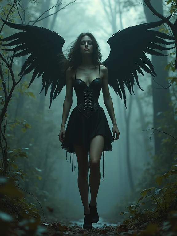 A girl with the image of a fallen angel wearing bone wings and a bone corset, Black Leather Skirt, Flying overhead, Tight panties, dark、Satanic、That's horrible, Many details, Gloomy atmosphere, Very detailed, 8k, Ultra-detailed, masterpiece, in the woods