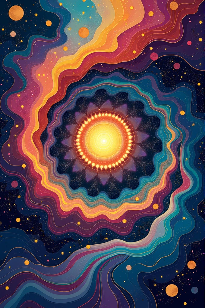 ![image](file-service://file-dnFrhLnWWmXVOlZ7t7HdKntE)

I have created an illustration that represents the themes of the poem. The image uses a spiral pattern that symbolizes the continuing journey of life., and in the spiral are included elements that represent concepts such as exploration, the meaning, the evolution, love, the discovery, and beauty.

Each of these elements is integrated into the spiral to show how they are connected and how they are part of the experience of life.. The abstract and vibrant style seeks to convey the harmony and fluidity between these aspects of existence..
