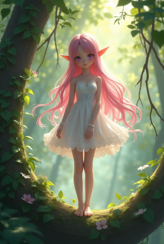 Beautiful girl standing on a tree、Dress、Fluffy frilly lace、Slender Body、An innocent smile、Pink Hair、Hollow eyes、A beautiful girl standing quietly、Deep purple eyes、Elf Ears