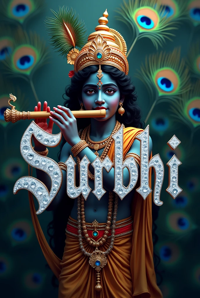 Write name surbhi in stylish diamond coating letter with background of peacock feathers with krishna holding flute