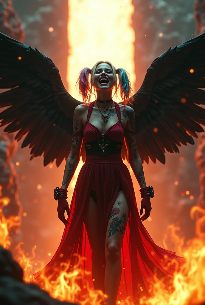 cinematic image portrait Full body with zoom on Harley Quinn angel with colored hair with black wings red dress and tattooed body and she is on fire in hell screaming in despair.hell has black mountains,Valleys and a portal behind with white light