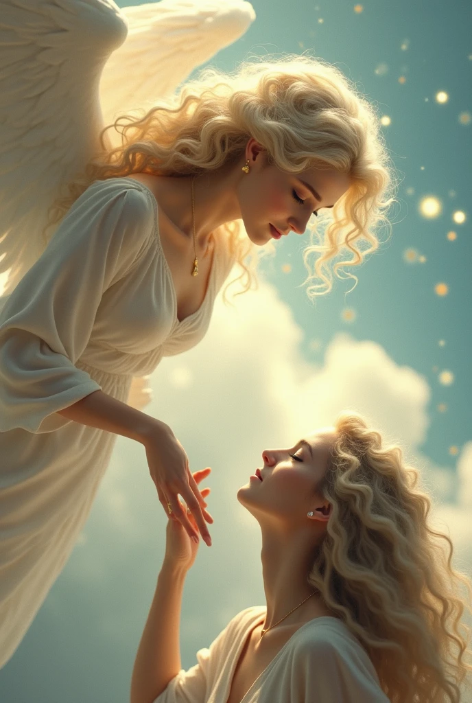 An anglel with curly hair, pointed chin, fair, with beatiful eyes and smile looking down to the land from the sky and a girl with wavy looking at the angel hair showing her hand to the angel from the land