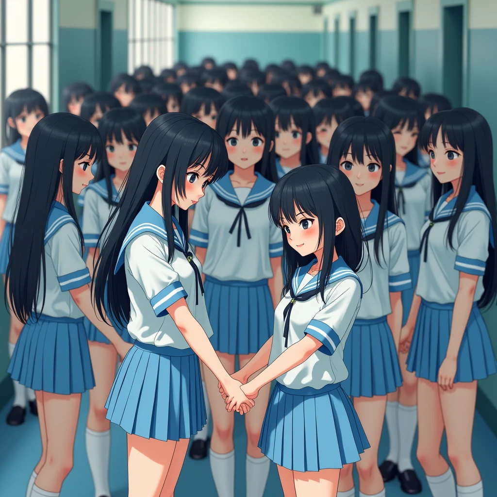 (((((Japanese Clone-girls=Myself))))), (((Super Best Perfect Clone-girls Raw Photography Art), (16K, Highest quality, Ultra-high resolution, Real Photography, RAW quality))), (((It&#39;s so unrealistic., An astonishing world view, With an unfathomable sight, In an out-of-this-world situation, In a world where Myself Clone-girls are multiplying in large numbers, Ultra-realistic, Delusion))), (((Japanese Girls, hashimoto-kanna, 17yo, Small face, Thick black hair, Semi-long hair, Dark Eyes, Mature face, Cute Smile, Smiling face, A gentle gaze, (((Very happy laughter)))))), (((Very beautiful detailed girls, Accurate body structure, Accurate body movements, Very detailed body, (((Big Breasts, J-Cup)))))), (((Summer Girls' School Uniform, Light blue shirt, I can see the cleavage, Big Breasts強調, blue and white striped mini skirt))), ((((((((Very detailed, Myself cloning, Depiction of splitting oneself, 1Myself girl-cloning-1,000,000,000,000,000,000,000,000,000,000Myself clone-girls)))))))), (((((((Very detailed clone depiction, (((The same perfect female body as Myself, Myself and the same perfect face, Perfect same hairstyle as Myself, Myself and the perfect same outfit, Perfect height with myself, Myself and perfect J-Cup)))))))))), (((((Myself clone-girls only))))), (((((1,000,000,000,000,000,000,000,000,000,000Myself clone-girls))))), (((Very detailed, Extremely crowded, Body-to-body contact with no gaps))), (Bright and soft lighting), (((((Clear and accurate perspective depiction, super wide view, Ultra-wide field of view, Focus on the average value of the image))))), (((((Myself clone-girls, With very detailed depiction, Pleasant conversation, Holding hands, Hug, Skinship between thousands of Myselves))))), School building, classroom, corridor, Lounge, spiral stage, Elevator, gym, School Assembly, after school