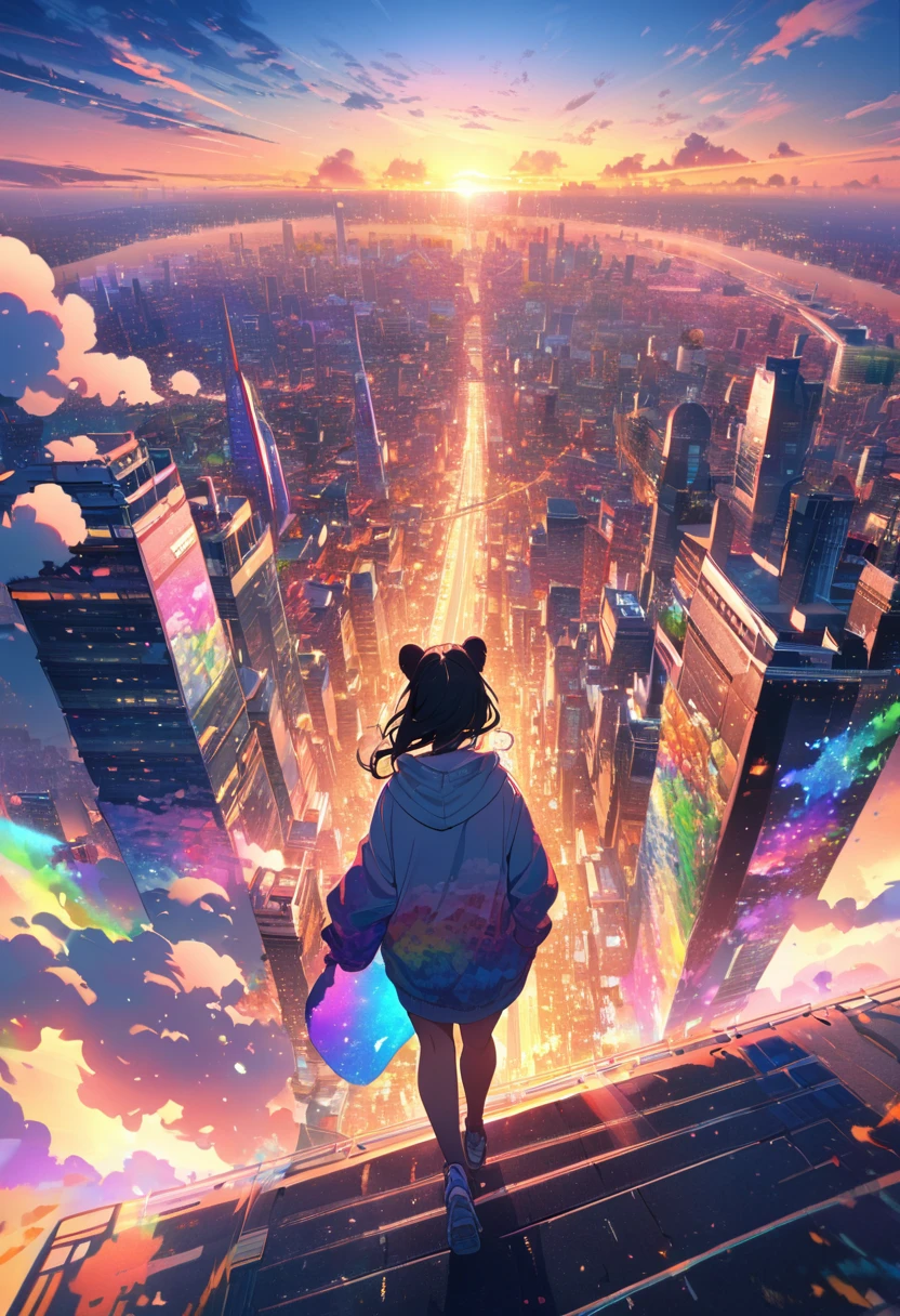 angelic, detailed woman who is walking, woman wearing hoodie, highest billding in city, road, sunrise, horizon, skyline, in the sky, city of clouds, colorful, high-res, 8K
