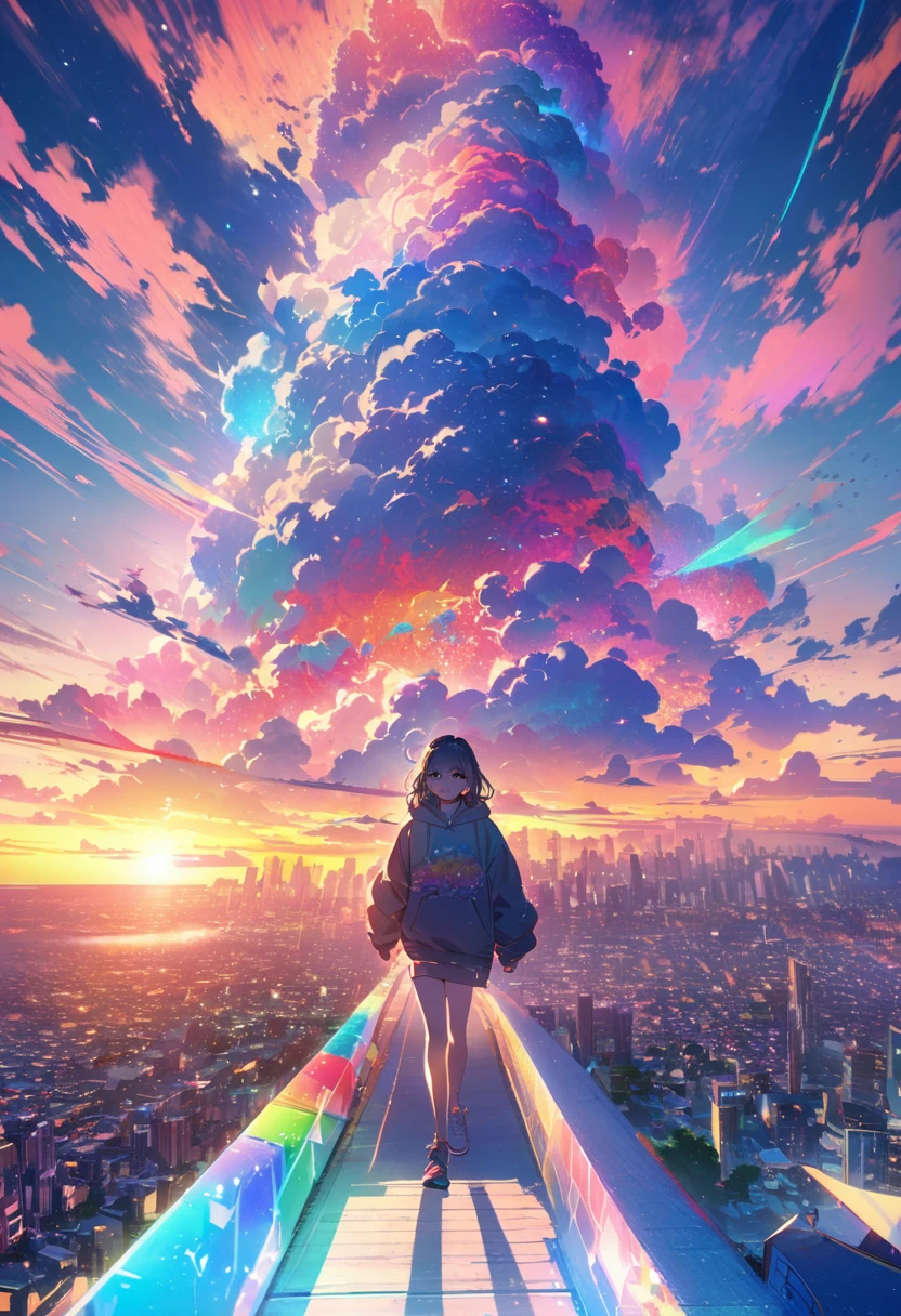 angelic, detailed woman who is walking, woman wearing hoodie, highest billding in city, road, sunrise, horizon, skyline, in the sky, city of clouds, colorful, high-res, 8K