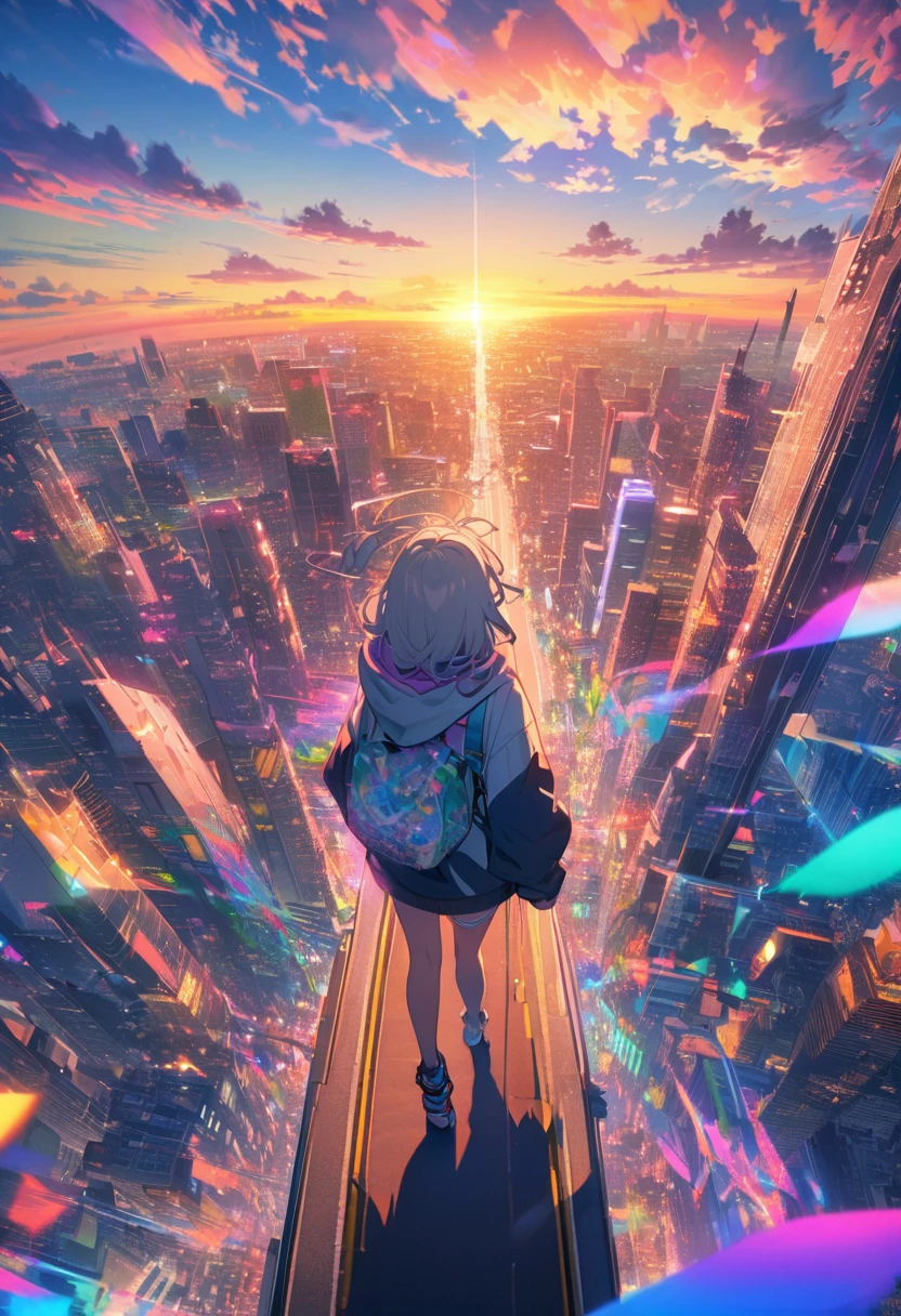 angelic, detailed woman who is walking, woman wearing hoodie, highest billding in city, road, sunrise, horizon, skyline, in the sky, city of clouds, colorful, high-res, 8K