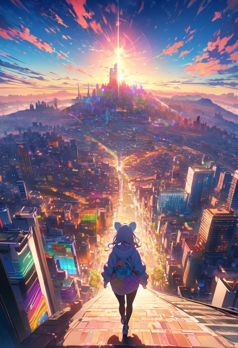 angelic, detailed woman who is walking, woman wearing hoodie, highest billding in city, road, sunrise, horizon, skyline, in the sky, city of clouds, colorful, high-res, 8K