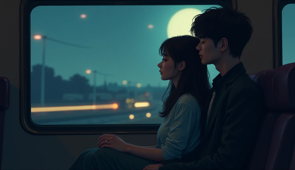 A couple on a night train, sitting by the window as the moonlight streams in. The world outside rushes by in a blur of shadows and light. They hold hands on the seat between them, the girl resting her head against the window, lost in the lofi vibes of the moment.