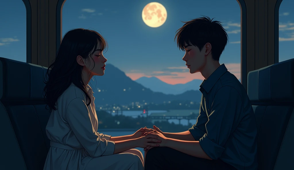 A couple on a night train, sitting by the window as the moonlight streams in. The world outside rushes by in a blur of shadows and light. They hold hands on the seat between them, the girl resting her head against the window, lost in the lofi vibes of the moment.