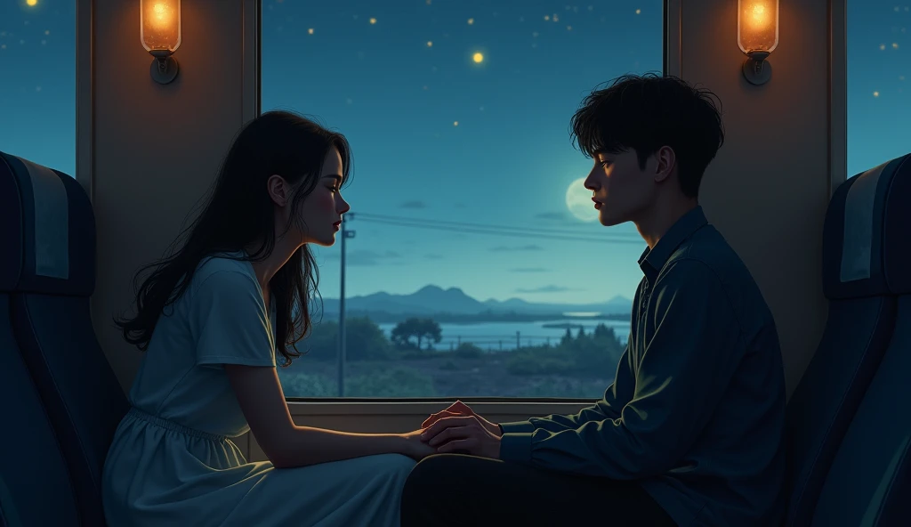 A couple on a night train, sitting by the window as the moonlight streams in. The world outside rushes by in a blur of shadows and light. They hold hands on the seat between them, the girl resting her head against the window, lost in the lofi vibes of the moment.