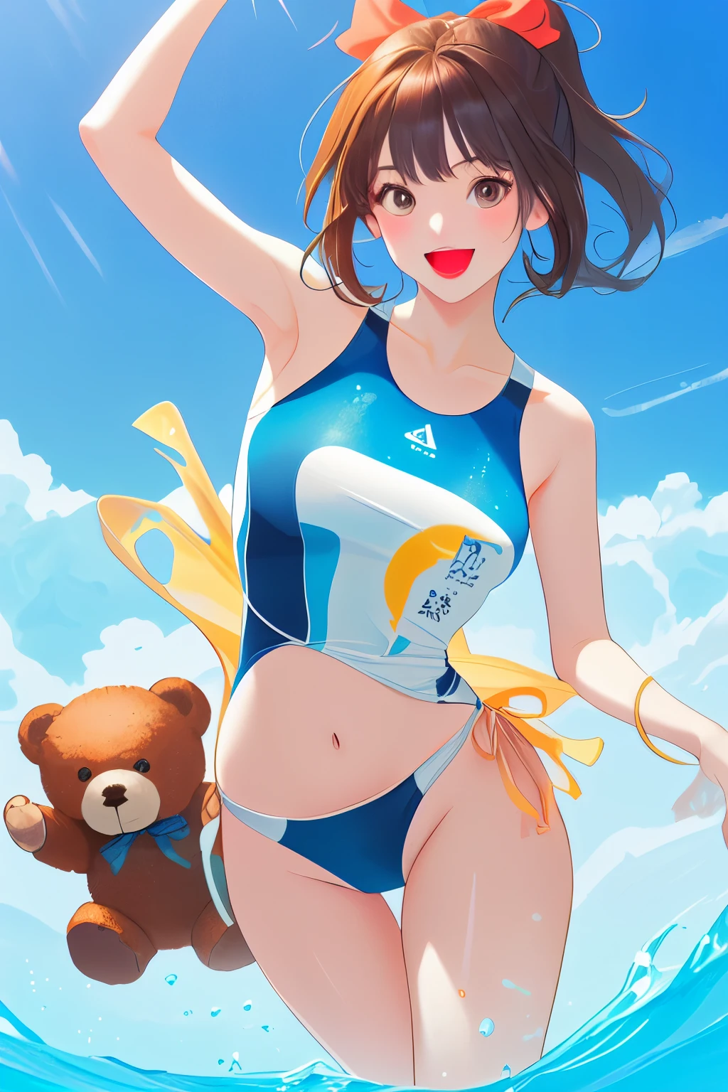 Sporty swimsuit and cute teddy bear Southern island resort Fun summer Full of energy