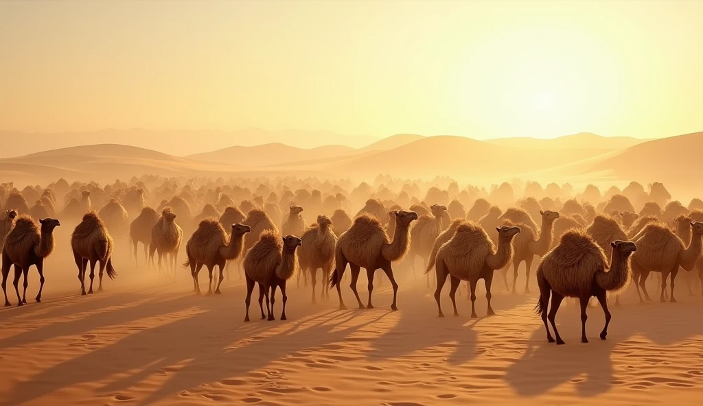 "Create an image of a large group of camels resting and walking in a sunny desert with gentle dunes in the background. The sky is clear and blue, and the camels are healthy and numerous, symbolizing the abundance of blessings that God bestowed upon Job."