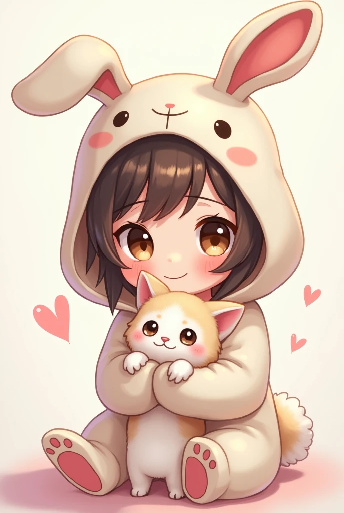 Drawing of cute human in bunny hoodie holding a kitten