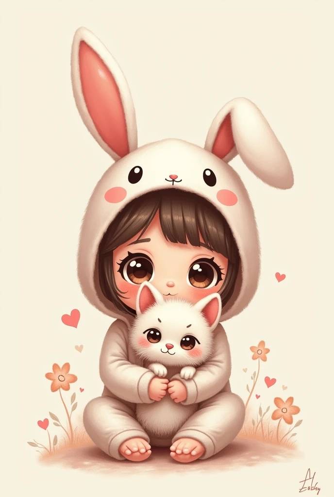 Drawing of cute human in bunny hoodie holding a kitten