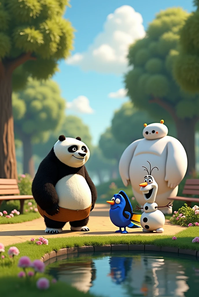 Po de Kung fu Panda, dory, baymax and olaf in a park

