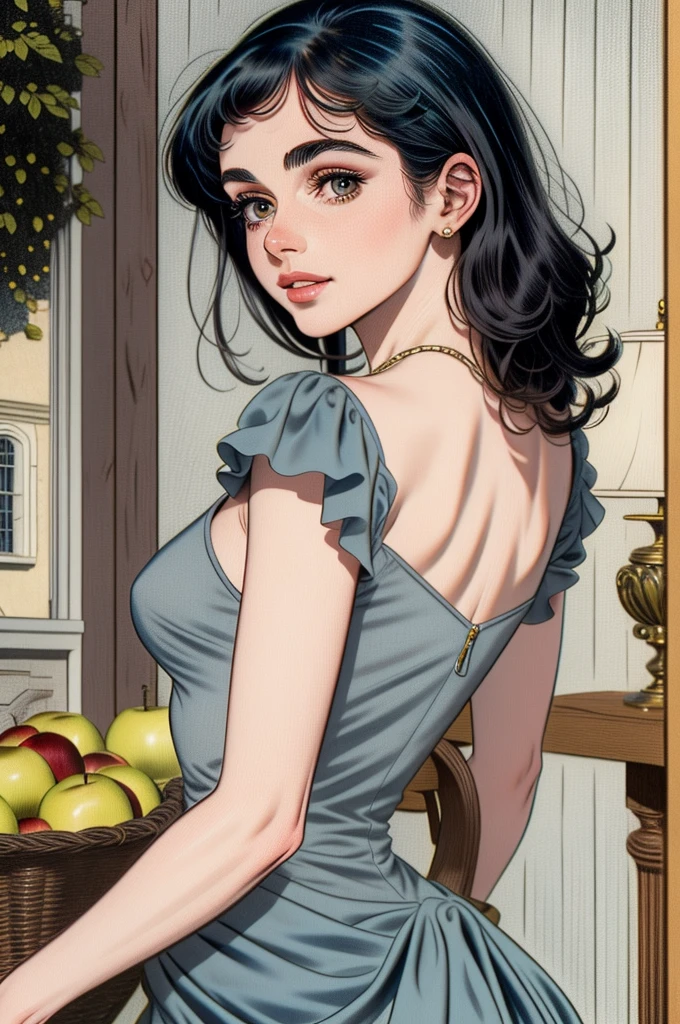 masterpiece, Best Quality, High resolution, 8k, High resolution, 8k, awarded, (sharp focus, Intricate, Very detailed) romance comics, drawing of a woman with shoulder-length black hair and grey eyes and an apple-shaped body, old english color comics from english