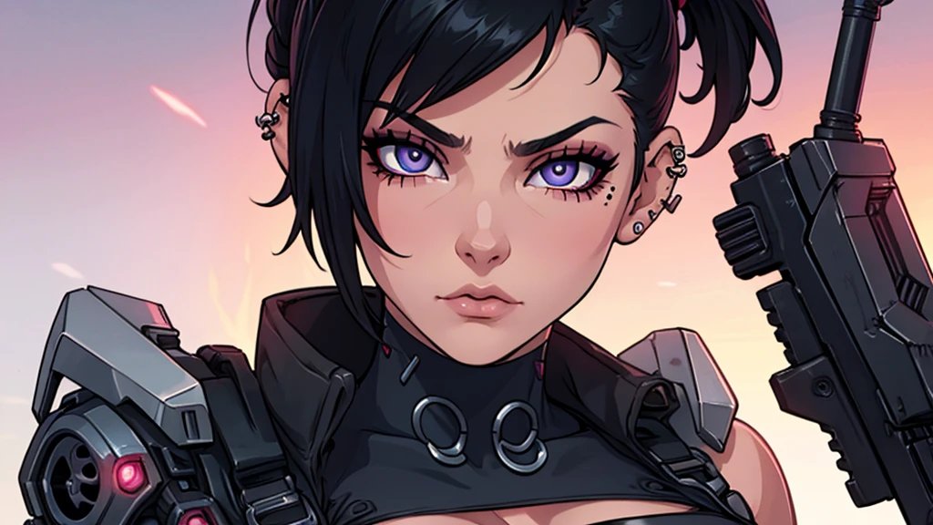 Punk woman with tattoos and minimal piercing. (Show cleavage and nip slip). No emotions. (Very detailed eyes). ((Closeup)) Minimal make up. (Cyberpunk background sunset). Black ponytail short hair.