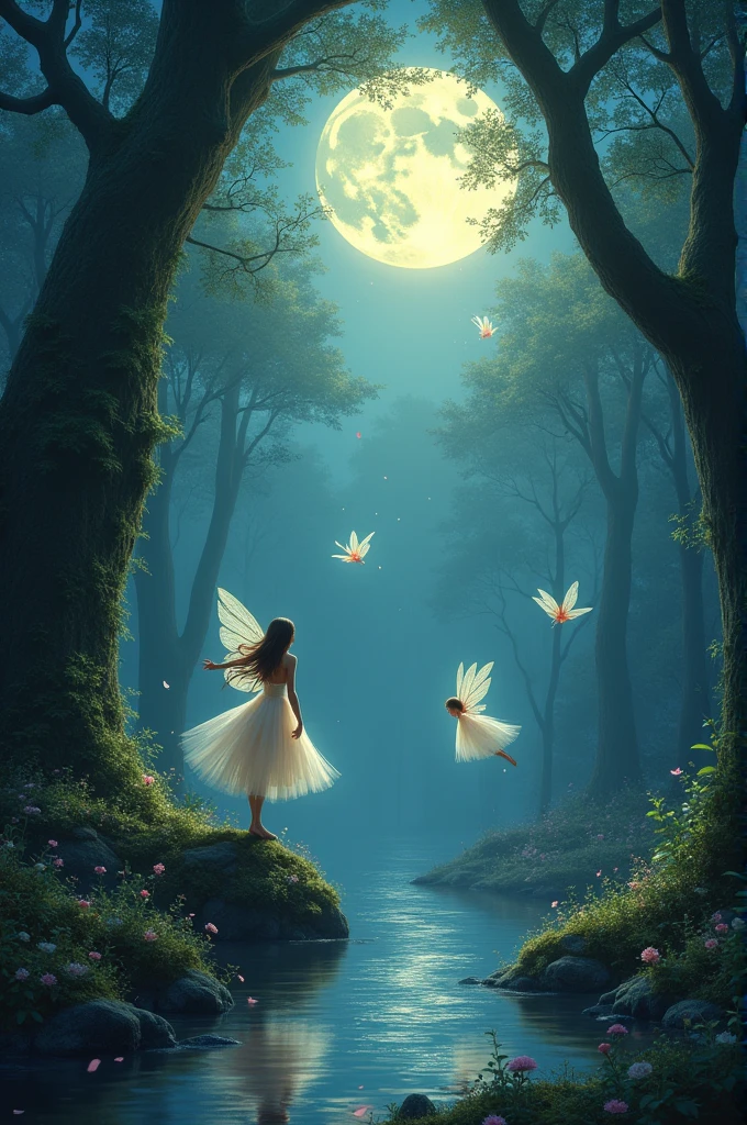 A moon reflecting its light in an enchanted forest with fairies