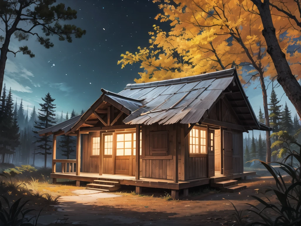 In the middle of the forest, at night, a hut