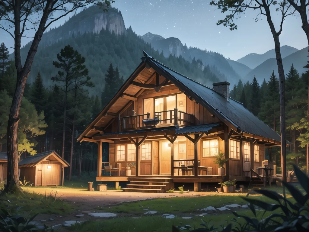 In the middle of the forest, at night, a hut
