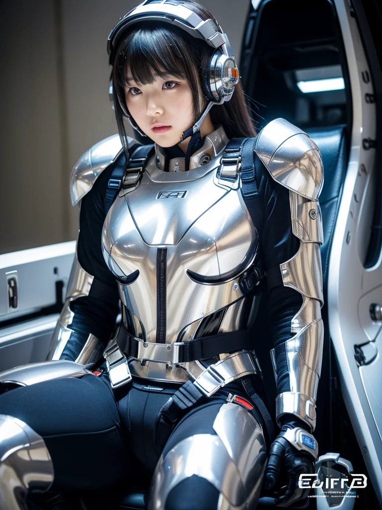 masterpiece, Highest quality, Very detailed, Japanese Android girl,Plump,Slightly thicker,Control panel,Android,cyborg,Blunt bangs,Sitting in the cockpit,Silver combat suit,Harness Belt,Helmet