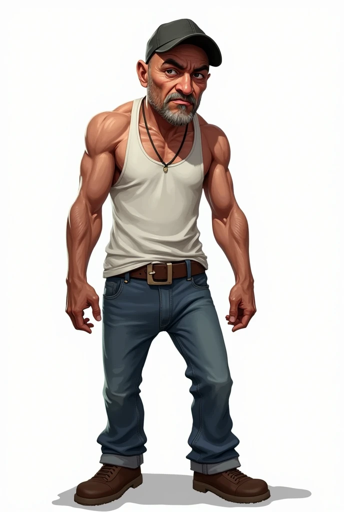drawning, bright coloured, naughty man, 30years, 70 kilos, short stature, stark, Seriously, light brown, baldie, Black cap, white tank top, blue jeans, Brown Shoe, goatee, apocalypse survivor, Action scene, , white background, fully body