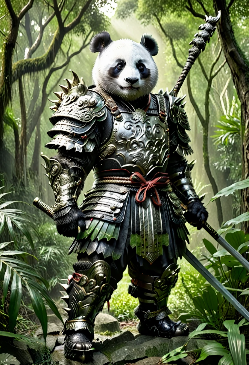 This image will depict a panda wearing a battle armor., with characteristic black and white fur. He was standing in the jungle., light through the tree canopy shines down. His armor is exquisitely crafted., Combination of metal panels with meticulously carved details. The panda holds a sharp sword in his hand., prepare for battle. He is standing in a warrior pose., Get ready to fight enemies in the mystical forest.