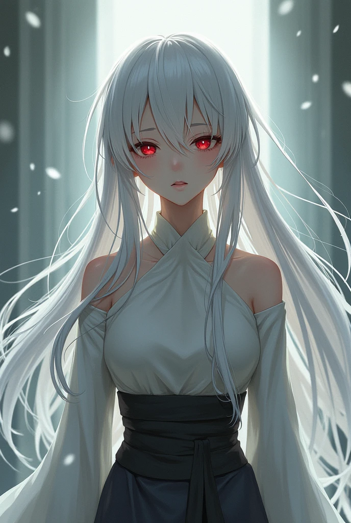 A long white-haired woman with red eyes and simple clothes and an unpredictable Crying or sad expression anime artA white-haired woman with red eyes and simple clothes and an unpredictable facial expression anime art Chinese-style clothing