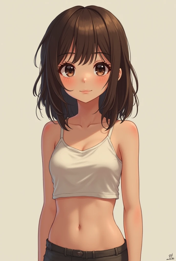A teenager with medium-long brown hair, brown eyes, skinny, with a flat waist and abdomen 
