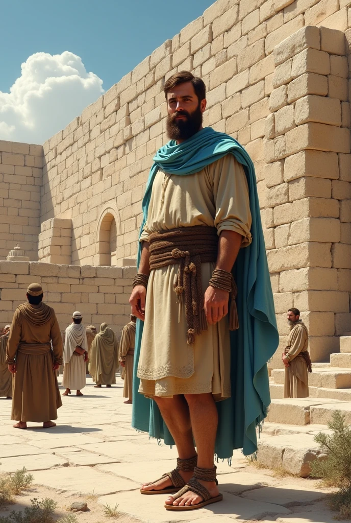 A Caucasian man with a beard and brown hair, thesis clara, bone-colored tunic dress with elbow-length sleeves, short brown skirt, sandals with strings up to the shins, Sky blue cloak, in front of him there is a large temple with tall, elongated walls of large white-ochre stones, Just like the Wailing Wall and the Jewish Temple of the 1st century, Nearby you can see people in Jewish robes and cloaks and around there are small stone Jewish houses from 1st century Jerusalem.