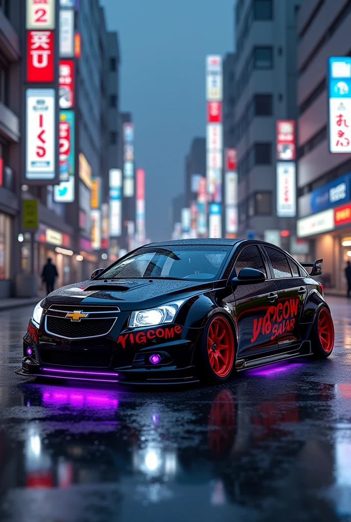 a photo of the cell phone home screen of a black 2011 chevrolet cruze with a lowered black symbol with red wheels and in a city in japan underneath the car a purple led