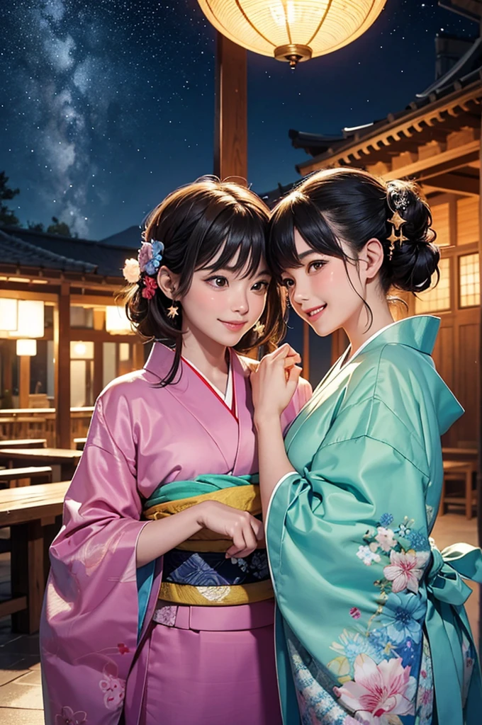 On a starry night, two beautiful girls in kimonos are looking at each other, smiling and having fun with their faces close together.