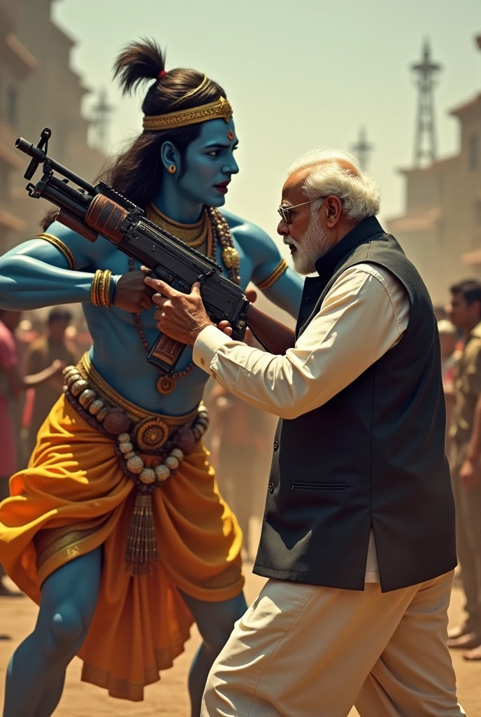 Narendr modi fighting with kreeshna in publicly, angry , narendr modi have ak 47 ,kreeshna have machine gun
