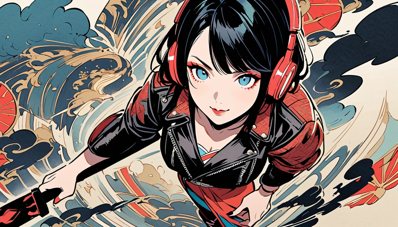 (((Ink Painting))), (((from above))), (((1 female))), (((Leather jacket with Japanese patterns))), (((20-year-old))), (((Very flashy makeup))), Japanese style headphones, devil, prepare a sword, Japan人の美少女, Black Hair, Delicate and precise, Modern ukiyo-e style,Japan, Droopy eyes, round face, smile, Fuller lips, Red and Blue