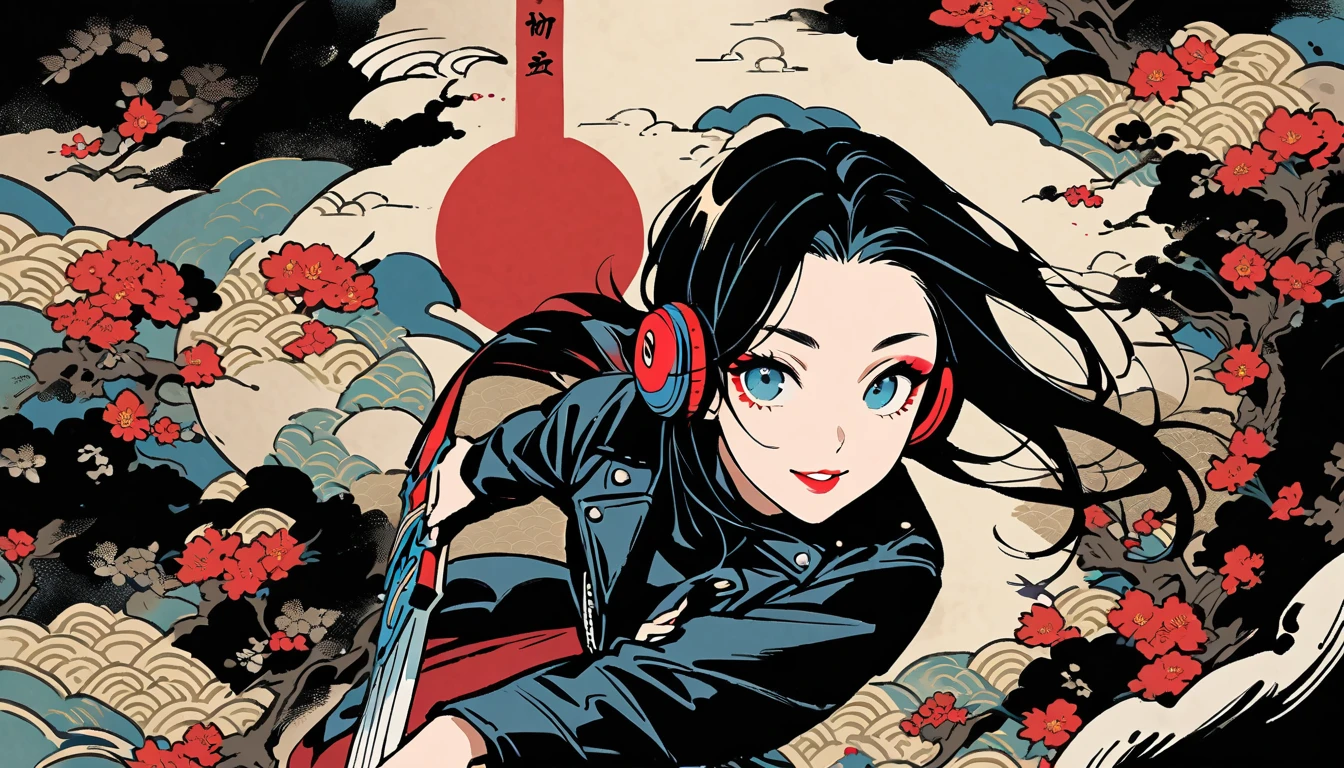 (((Ink Painting))), (((from above))), (((1 female))), (((Leather jacket with Japanese patterns))), (((20-year-old))), (((Very flashy makeup))), Japanese style headphones, devil, prepare a sword, Japan人の美少女, Black Hair, Delicate and precise, Modern ukiyo-e style,Japan, Droopy eyes, round face, smile, Fuller lips, Red and Blue