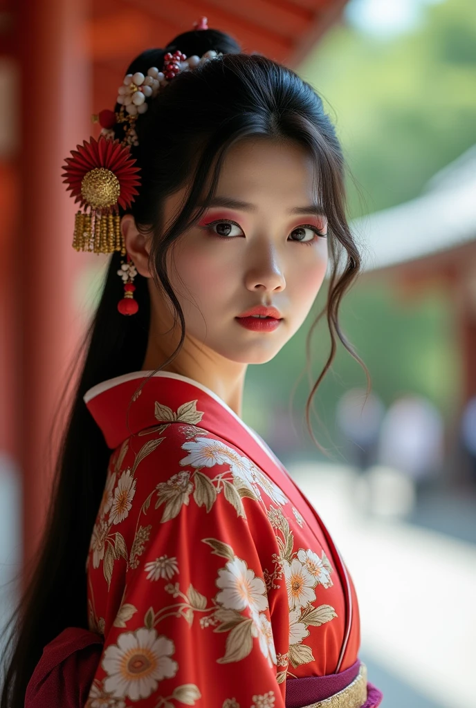2 Japanese woman、kimono、The whole body is shown、The eyes are double、Long Hair、Japan is not facing forward、Kyoto temple、Being photographed、Photographer style