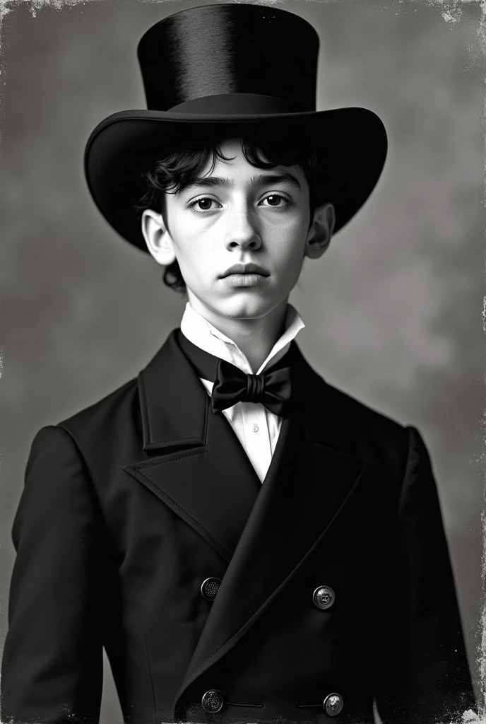 old picture, black and white, of a teenager, , Lima Creole aristocrat with white skin wearing fine black clothes and a black top hat 
