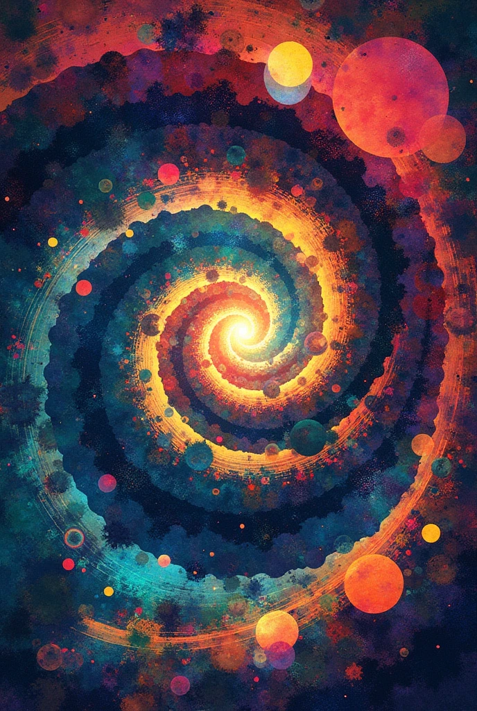 ![image](file-service://file-dnFrhLnWWmXVOlZ7t7HdKntE)

I have created an illustration that represents the themes of the poem. The image uses a spiral pattern that symbolizes the continuing journey of life., and in the spiral are included elements that represent concepts such as exploration, the meaning, the evolution, love, the discovery, and beauty.

Each of these elements is integrated into the spiral to show how they are connected and how they are part of the experience of life.. The abstract and vibrant style seeks to convey the harmony and fluidity between these aspects of existence..