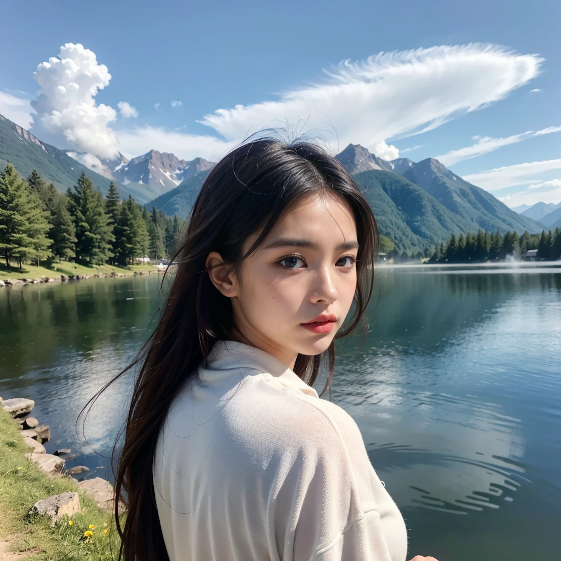 ((Top Quality)), ((Masterpiece)), ((Details)), upper body, close-up, More Saturation blue sky, at noon, strong reflections, bright shade, Place the girl in the foreground at large,
Lake - Sports car - Mountain in the mist - Girl,
A serene lake reflects a mist-covered mountain in the background. A sleek sports car is parked by the shore, while a girl stands nearby, her gaze lost in the mist, blending the themes of nature and modernity.