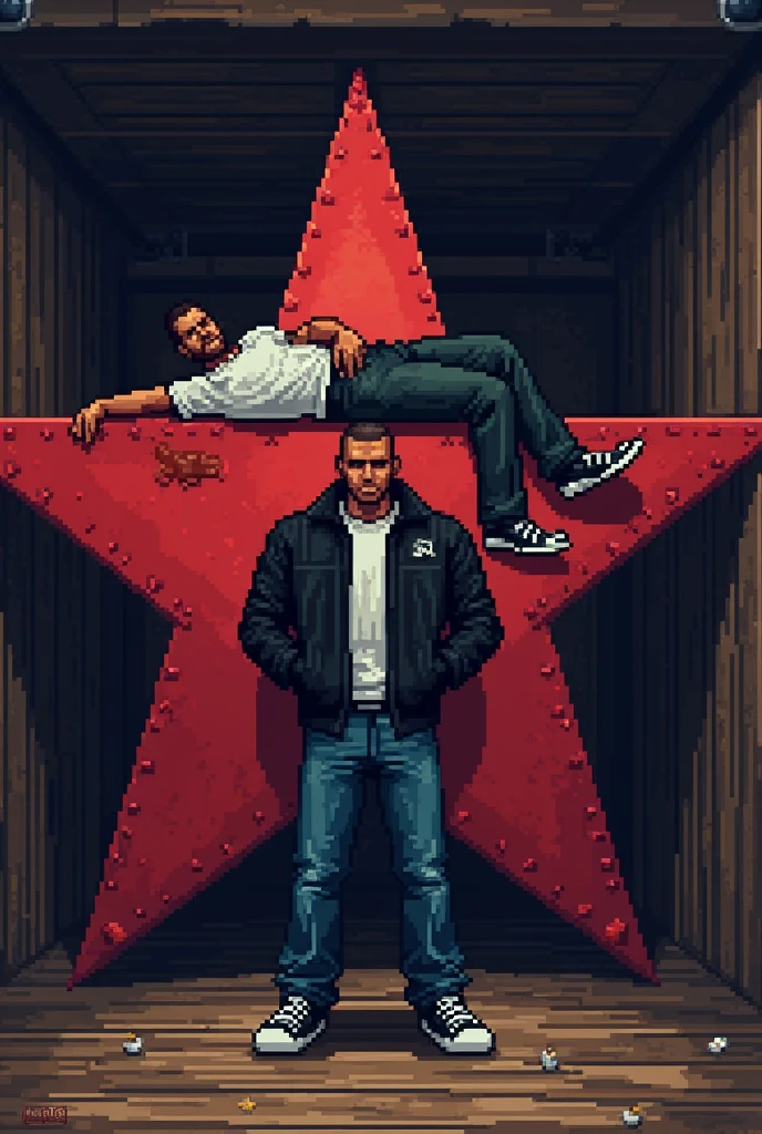 Create me a Pixart image of CJ from GTA inside a ship and a Russian lying on top of the red star