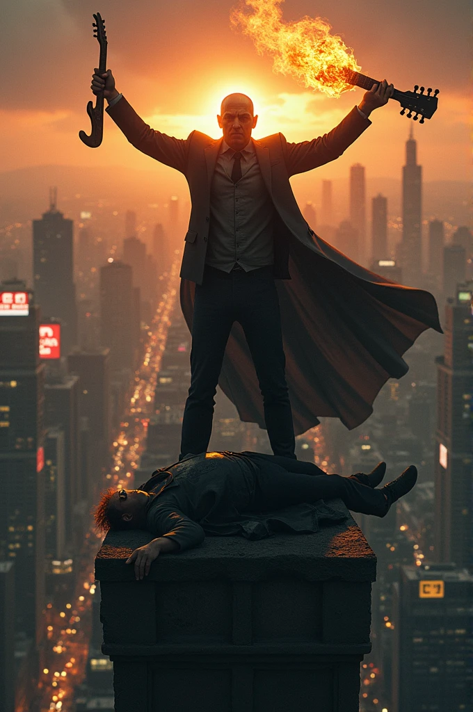 The villain stands triumphantly on a rooftop, holding the fiery guitar as the defeated hero lies on the ground. The city skyline is in the background, with the first light of dawn breaking through, symbolizing both loss and the hope of a future battle."