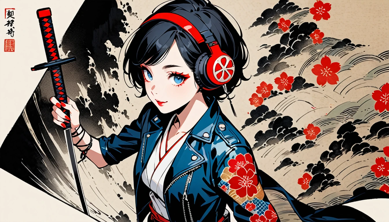 (((Ink Painting))), (((from above))), (((1 female))), (((Leather jacket with Japanese patterns))), (((20-year-old))), (((Very flashy makeup))), Japanese style headphones, devil, prepare a sword, Japan人の美少女, Black Hair, Delicate and precise, Modern ukiyo-e style,Japan, Droopy eyes, round face, smile, Fuller lips, Red and Blue