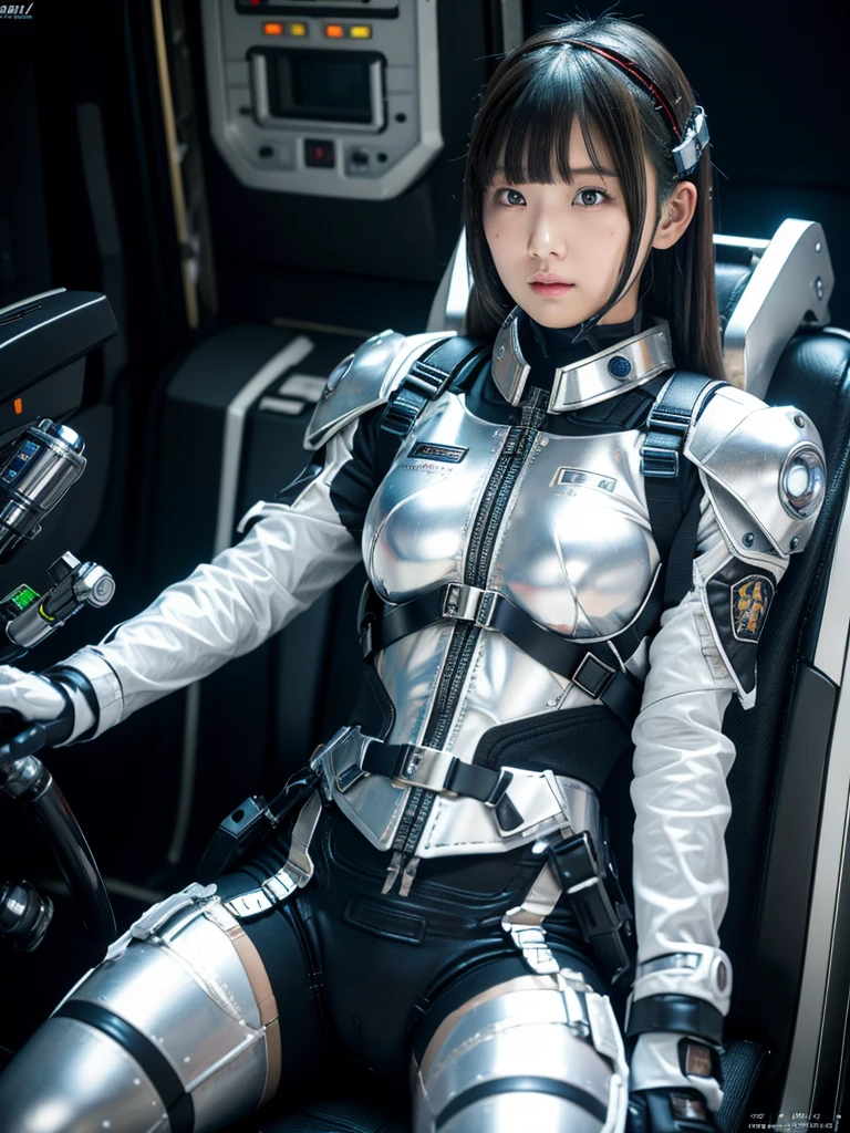 masterpiece, Highest quality, Very detailed, Japanese Android girl,Plump,Slightly thicker,Control panel,Android,cyborg,Blunt bangs,Sitting in the cockpit,Silver combat suit,Black harness belt,Helmet