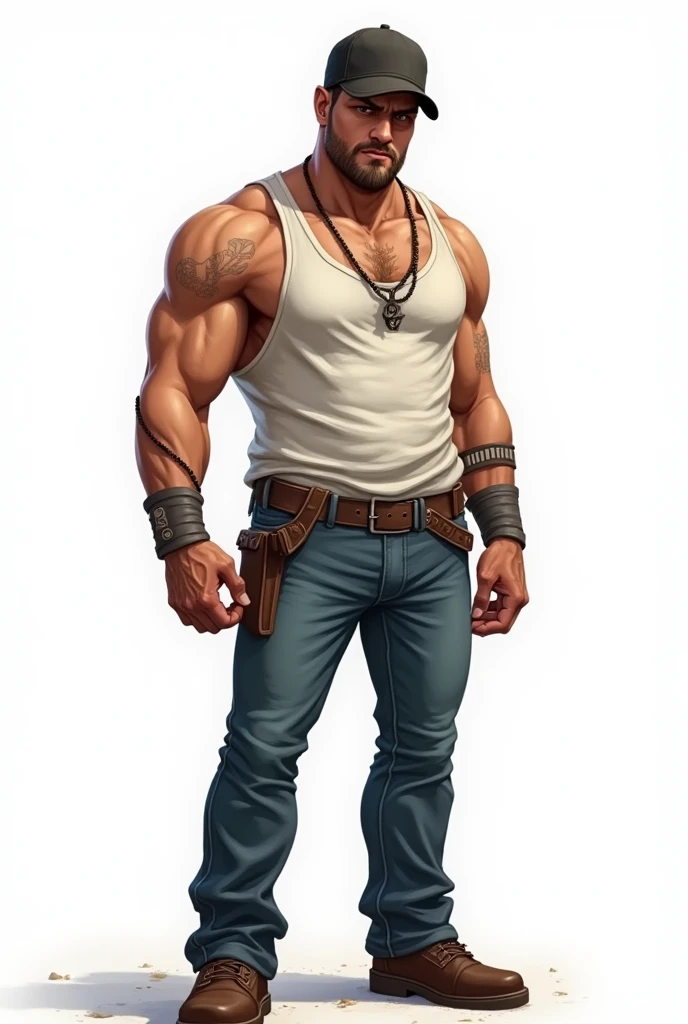 drawning, bright coloured, naughty man, 30years, 70 kilos, short stature, stark, Seriously, light brown, baldie,  Black cap, white tank top, blue jeans, Brown Shoe, goatee, apocalypse survivor, Action scene, , white background, fully body 